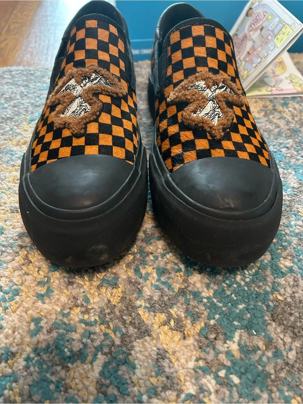 John Fluevog Black & Orange Checkerboard Slip-On Shoes Leather